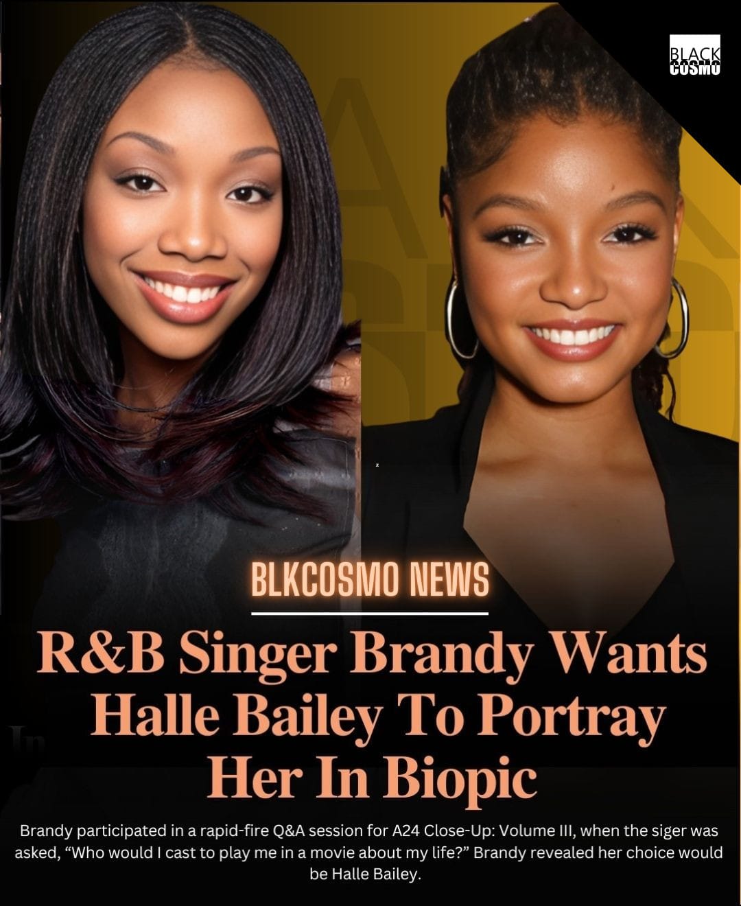 Brandy Wants Halle Bailey to Play Her in a Biopic Image featuring Brandy and Halle Bailey side by side. Brandy, a legendary R&B singer and actress, has expressed her wish for Halle Bailey to portray her in a future biopic. The two stars share a striking resemblance and have both significantly impacted Black representation in entertainment.