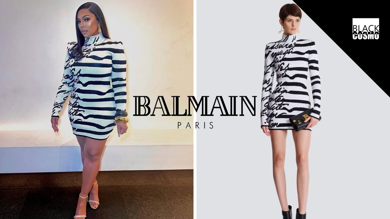 Ashanti poses for the ‘Gram in a Balmain black and white dress Ashanti poses for the 'Gram in a Balmain black and white dress