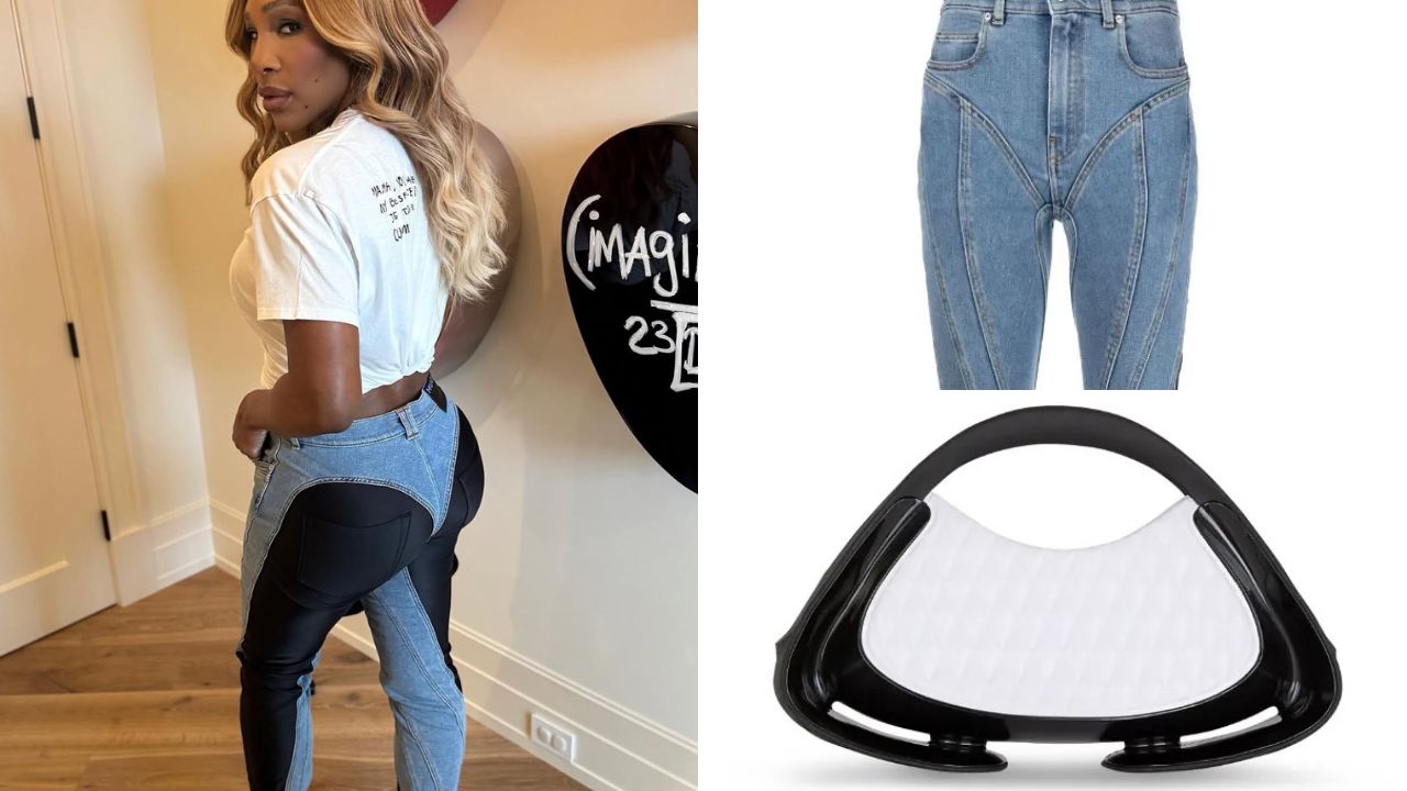 Serena Williams spotted in $690 Mugler jeans and $1,295 Balmain handbag Serena Williams spotted in $690 Mugler jeans and $1,295 Balmain handbag