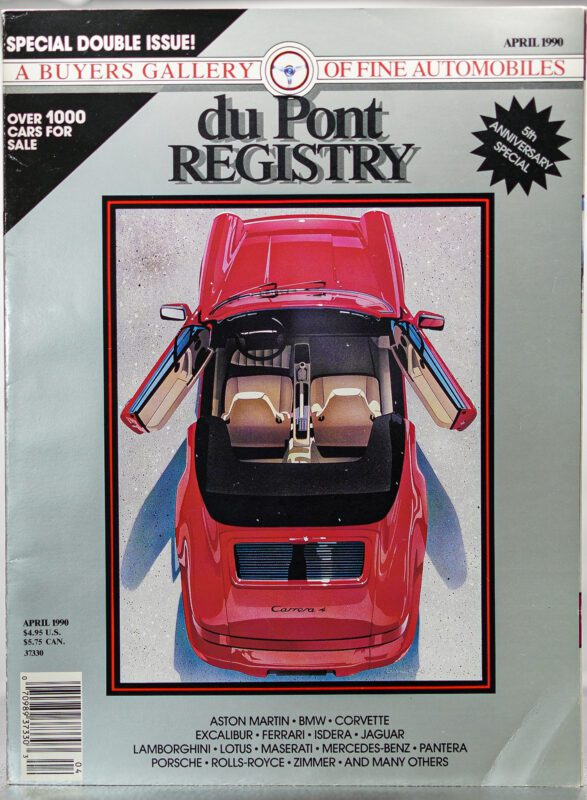 Cover of the April 1990 duPont REGISTRY magazine, celebrating its 40th Anniversary, featuring an overhead view of a red convertible and a list of luxury Cover Cars brands at the bottom.