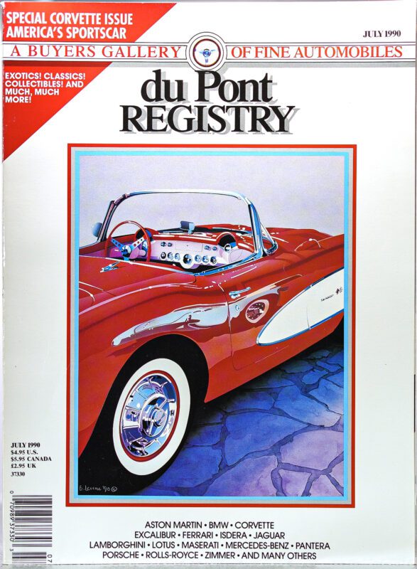 Cover of the duPont REGISTRY magazine, July 1990, featuring a color illustration of a classic red Corvette convertible and text highlighting exotic and classic carsโcelebrating Cover Cars for the iconic 40th Anniversary.
