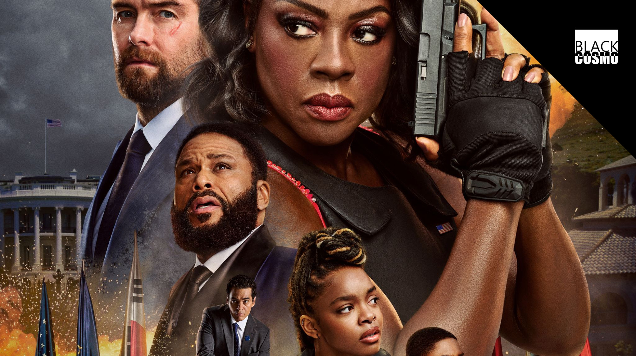 Higher by Asiahn Elevates the G20 Movie to a Soul-Stirring Close Viola Davis in red dress holding weapons, promoting G20 movie soundtrack featuring the song Higher by Asiahn.