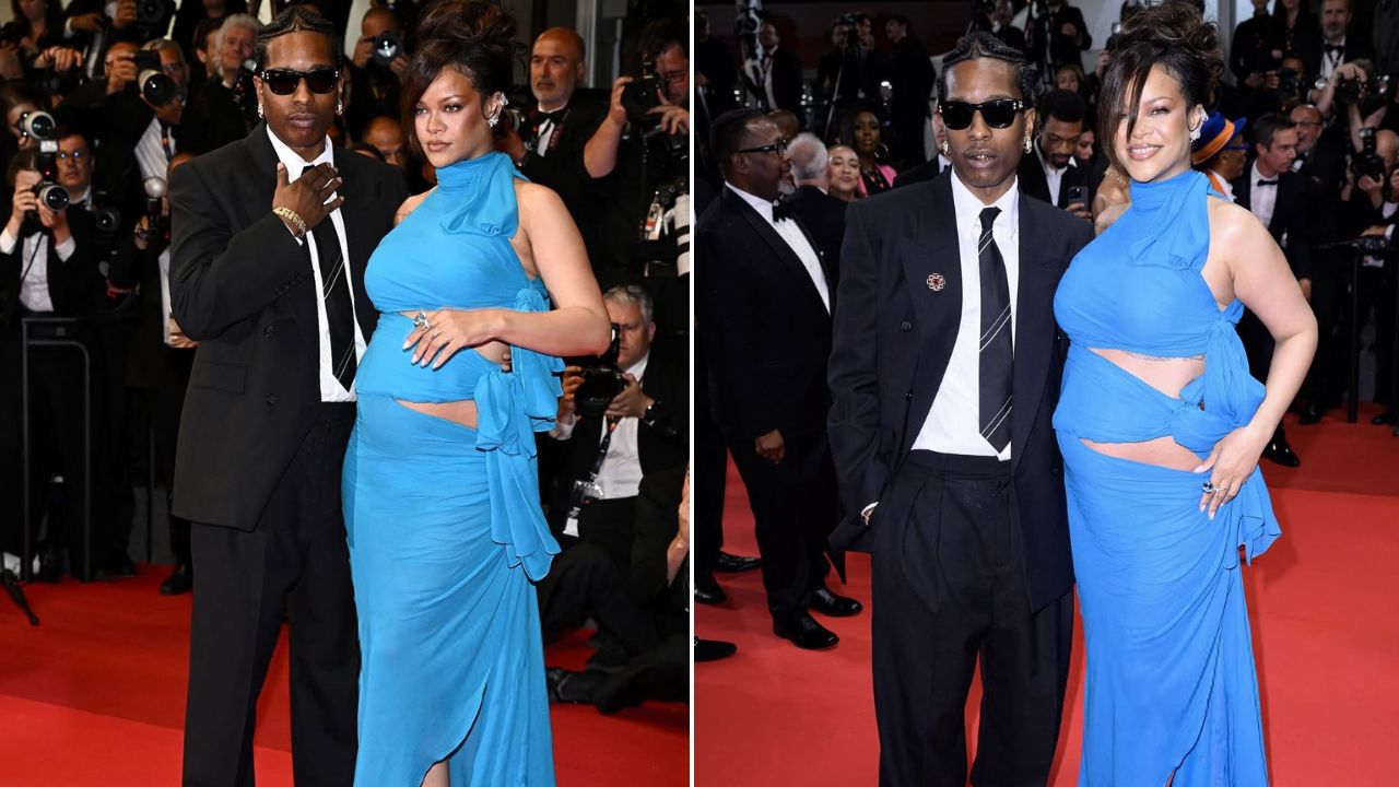 Rihanna Wears Turquoise Alaia Gown and A$AP Rocky Wears Black YSL Suit at Highest 2 Lowest Cannes Premiere rewrite this title no comments no quotes only return the resultsRihanna Stunned in a Turquoise Alaia Cut-out Gown with Beau A$AP Rocky in a Black YSL Suit at the 'Highest 2 Lowest' Premiere in Cannes - Fashion Bomb Daily