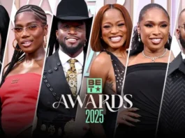 Kevin Hart hosting the 2025 BET Awards onstage at the Peacock Theater in Los Angeles, making a viral joke about Kanye West.