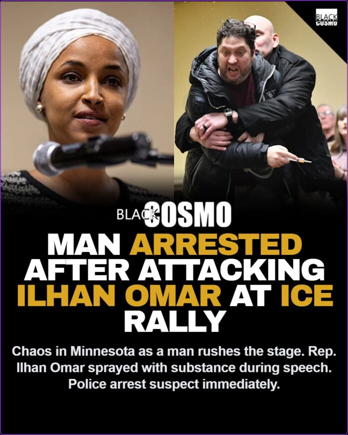 Ilhan Omar Attacked: Man Arrested After Spraying Substance at Town Hall Police lights flashing outside a venue in Minnesota following an incident at a town hall meeting.