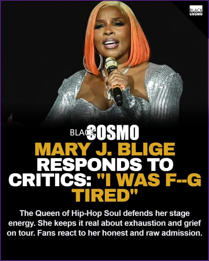 Mary J. Blige Addresses Fans Who Say She Performs Like She Doesn’t Want to Be on Stage: “I Was F—g Tired” Mary J Blige performing live on stage holding a microphone