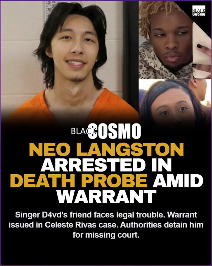 Neo Langston Arrested in Celeste Rivas Hernandez Death Investigation Neo Langston arrested graphic with police lights background and text overlay about Celeste Rivas Hernandez investigation.