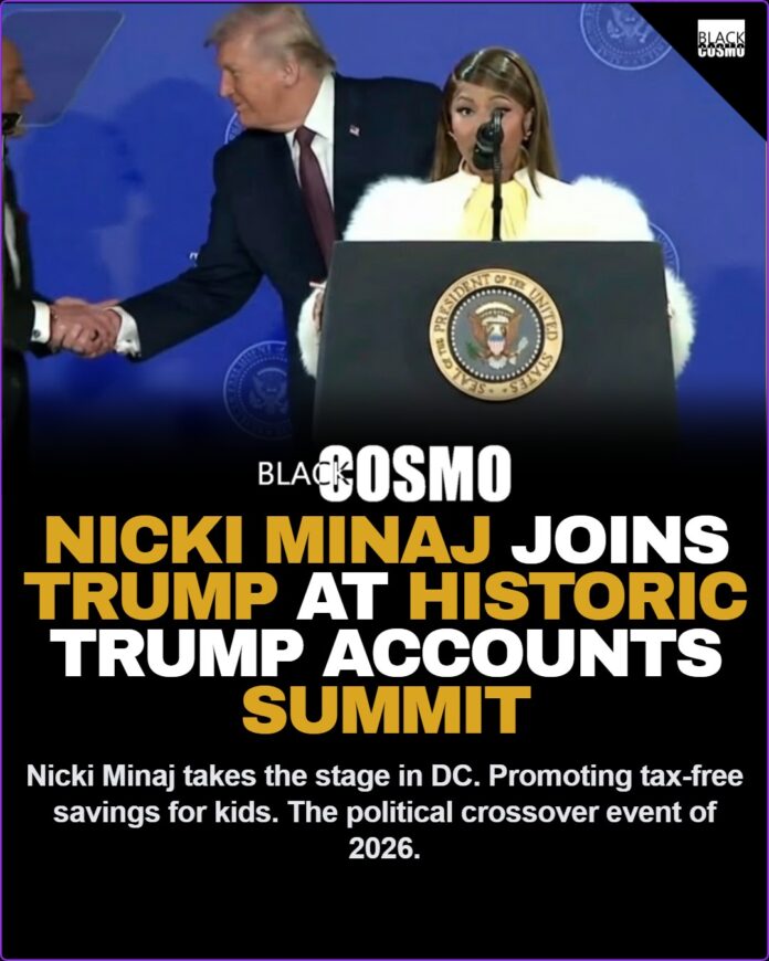 Nicki Minaj Promotes Trump Accounts at DC Summit 2026 Nicki Minaj speaking at the Trump Accounts Summit in Washington DC
