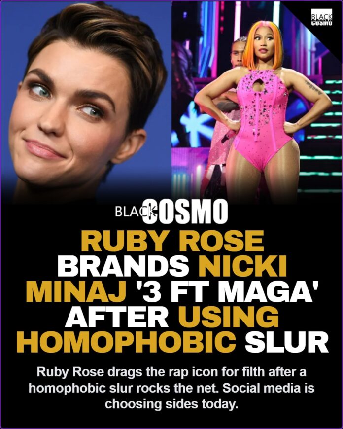 Oop! Actress Ruby Rose Brands Nicki Minaj a ‘3 ft MAGA’ After Using Homophobic Slur Ruby Rose and Nicki Minaj split image showing the actress and the rapper