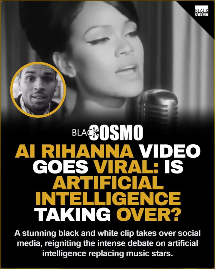 Viral Black and White AI Rihanna Video Sparks Industry Debate (Video On Our Site) lack and white artistic concept of a digital silhouette resembling pop star Rihanna singing into a vintage microphone.