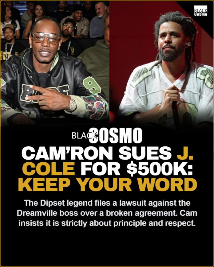 Cam'ron speaking seriously at a press event regarding legal action against J. Cole.