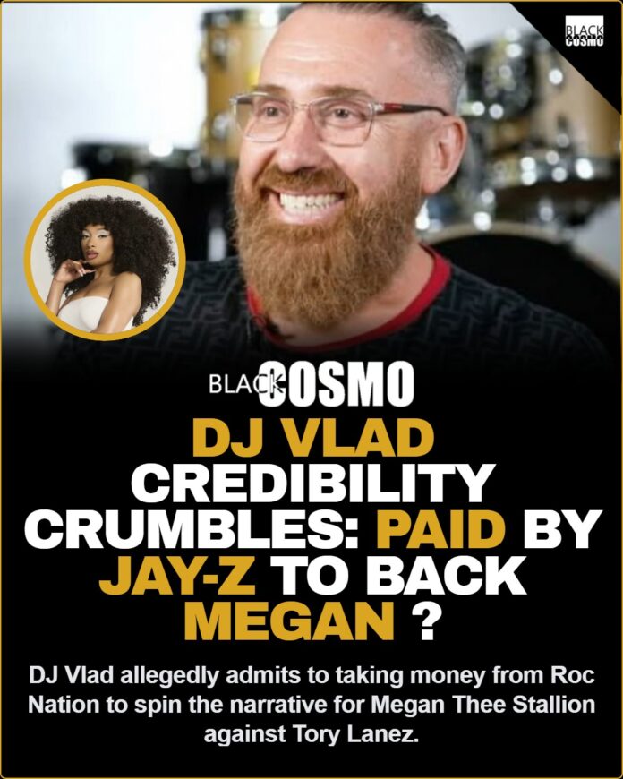 Did DJ Vlad Confess — Or Was It Satire? Breaking Down the Roc Nation & Tory Lanez Controversy plit image featuring DJ Vlad looking concerned, Jay-Z in sunglasses, and Megan Thee Stallion performing.