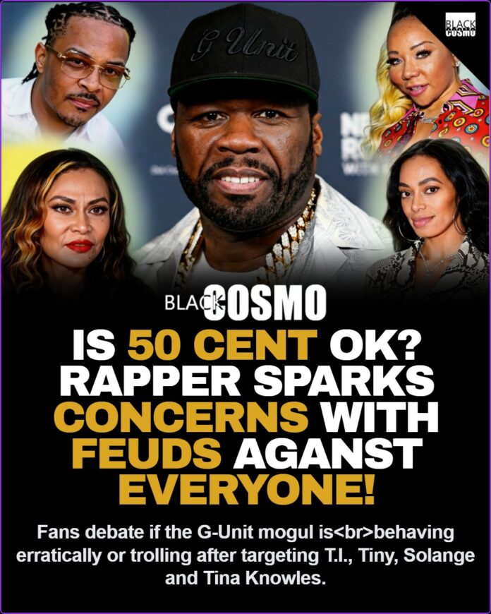 Is 50 Cent OK? T.I. Feud Sparks Concern 50 Cent looking serious at a press event, split screen with images of T.I. and Tina Knowles.