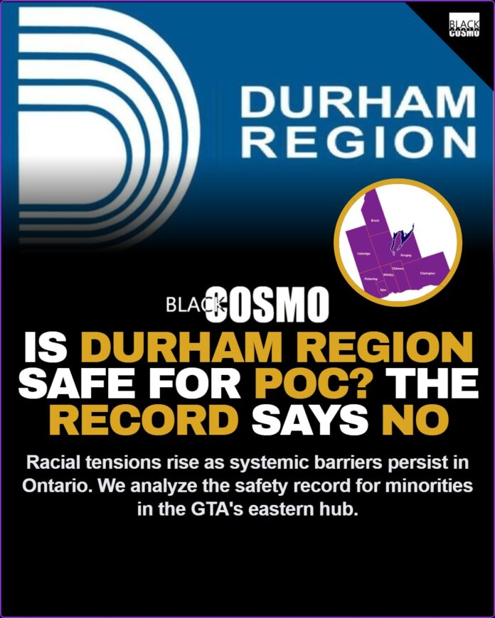 Is Durham Region Safe for People of Color? The Record Says No A diverse group of people looking concerned while standing in front of a map of Durham Region Ontario.