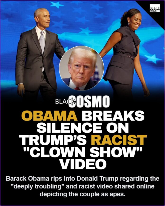 Barack Obama Addresses Donald Trump’s ‘Clown Show’ And ‘Deeply Troubling’ Racist Video Depicting Former President And Michelle Obama As Apes Barack Obama Addresses Donald Trump’s ‘Clown Show’ And ‘Deeply Troubling’ Racist Video Depicting Former President And Michelle Obama As Apes