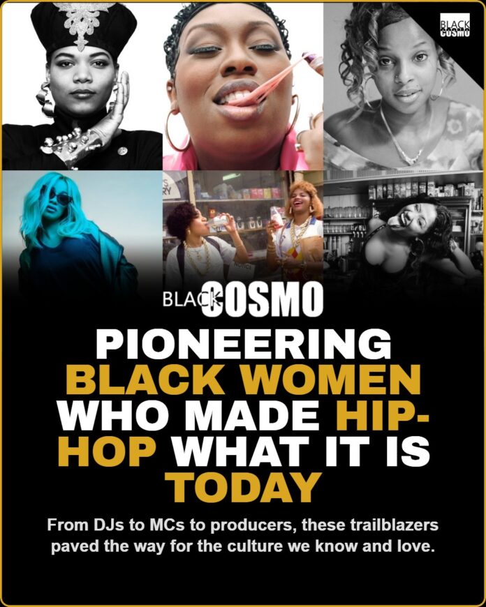 Pioneering Black Women in Hip-Hop A diverse group of pioneering Black women in hip-hop, including DJs, MCs, and producers