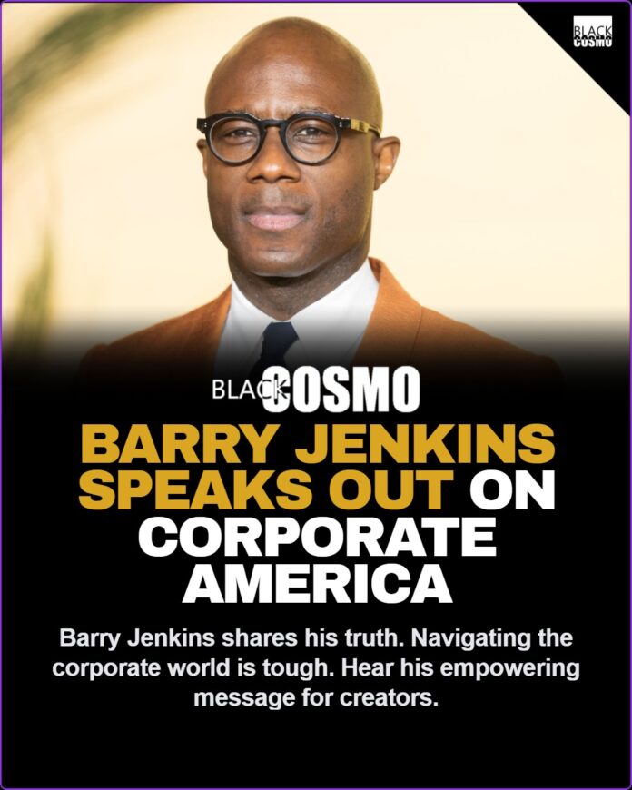 Barry Jenkins Talks Corporate America Grind | BlkCosmo A dynamic portrait of Academy Award-winning filmmaker Barry Jenkins, symbolizing his powerful journey as a Black artist in corporate Hollywood.