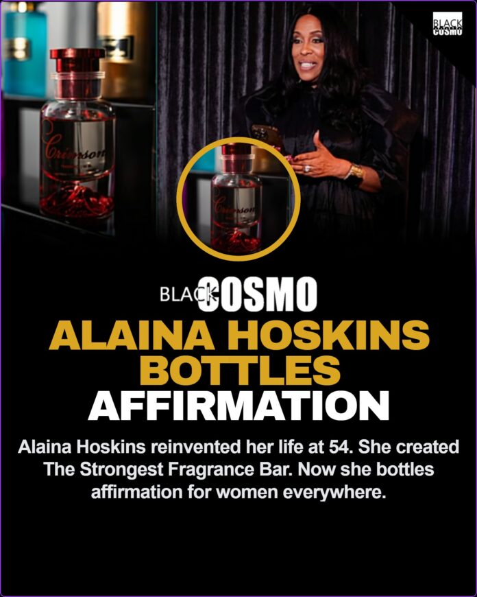 Alaina Hoskins Starts Over at 54: Bottling Affirmation for Women A conceptual image representing Alaina Hoskins and her luxury perfume brand, The Strongest Fragrance Bar, featuring elegant glass bottles of fragrance symbolizing affirmations for women.