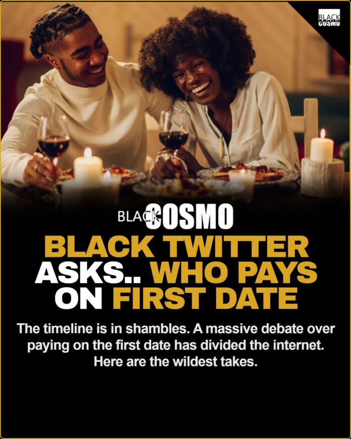 Black Twitter Debates: Who Pays on the First Date? A couple sitting at a restaurant table having a serious conversation while looking at a bill