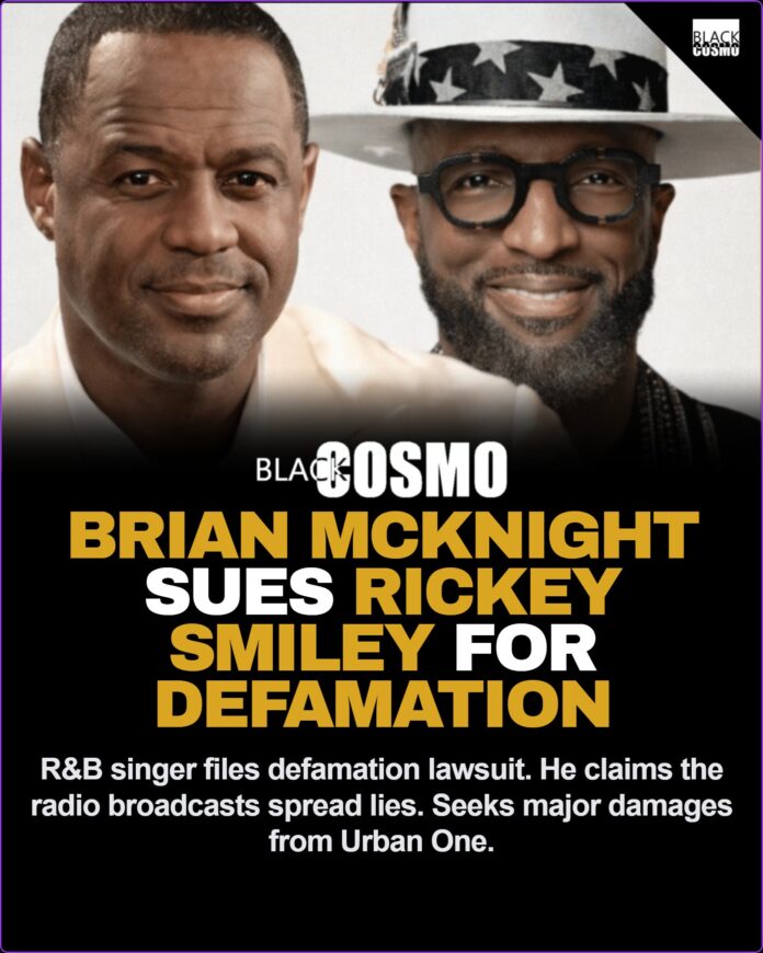 Brian McKnight Is Suing The Rickey Smiley Morning Show for Defamation A serious-looking Brian McKnight posing at a formal event, representing his recent defamation lawsuit against The Rickey Smiley Morning Show.