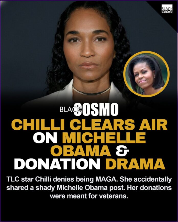 TLC Singer Chilli Clears Air on Michelle Obama Post & MAGA Donations TLC singer Chilli speaking confidently at a public appearance