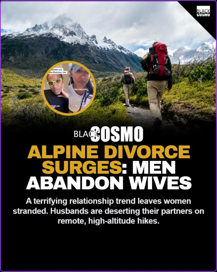 The Chilling Rise of the Alpine Divorce: Men Abandoning Wives on Hikes A solitary woman standing on a remote mountain hiking trail, representing the isolation and vulnerability of being abandoned outdoors.