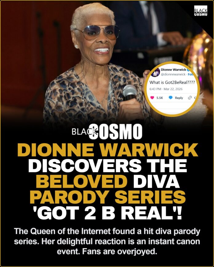 Dionne Warwick Discovers Got 2 B Real Parody Series Dionne Warwick smiling gracefully while holding a microphone, showcasing her iconic elegance and status as a legendary music icon.
