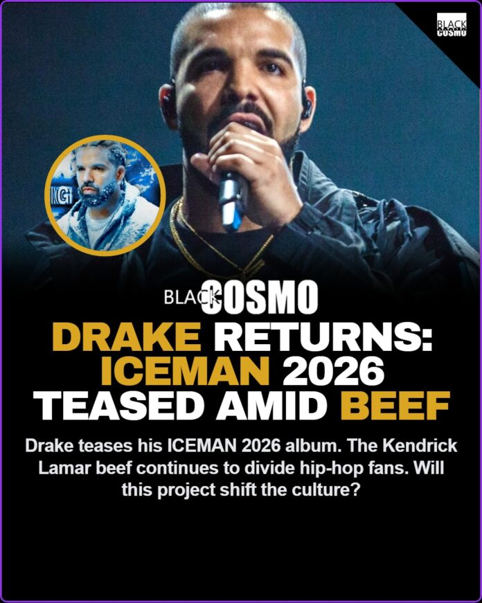 Drake Teases ICEMAN 2026 Album As Kendrick Lamar Beef Continues Drake performing live on stage with a moody, dark aesthetic, representing his upcoming ICEMAN 2026 album era.