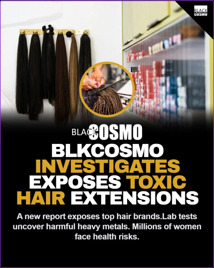 BlkCosmo Investigates: 900 Toxic Chemicals Found in Human Hair Extensions A close-up of human hair extensions with warning labels highlighting the toxic chemicals found in recent lab tests.