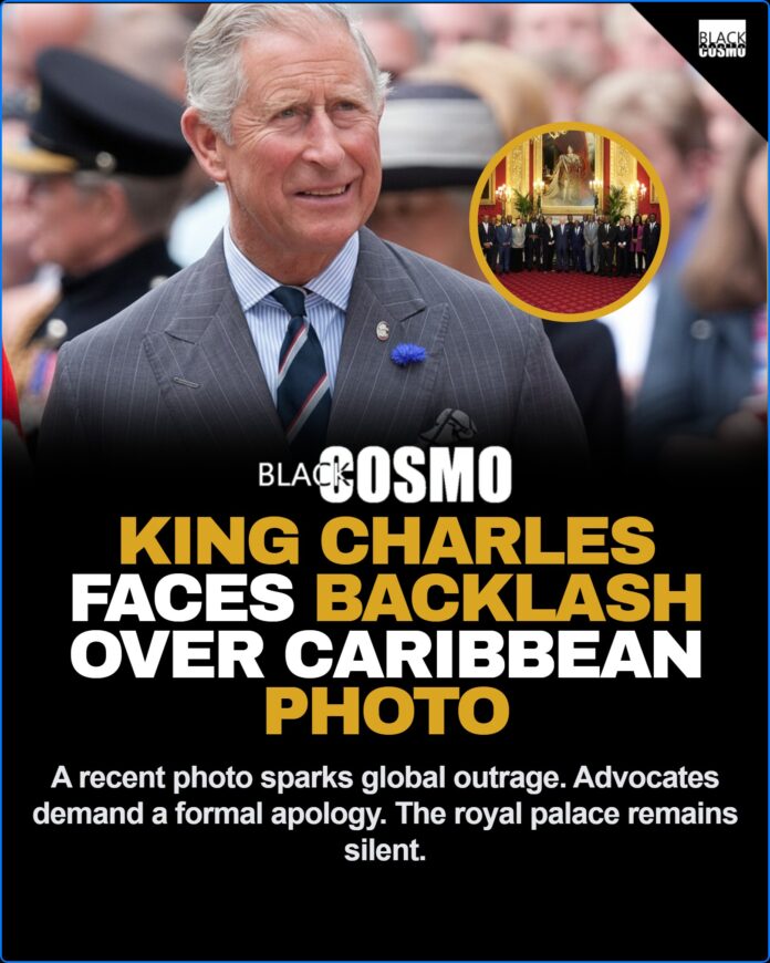 King Charles Faces Backlash Over Caribbean Photo Slavery Controversy King Charles standing with Caribbean officials in a grand room beneath a controversial portrait of King George IV.