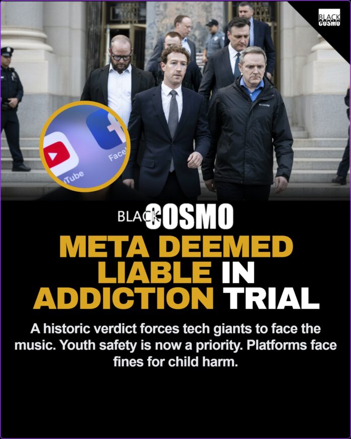 Meta and YouTube Liable in Social Media Addiction Trial Meta CEO Mark Zuckerberg leaving a courthouse as social media platforms are deemed liable for youth addiction.