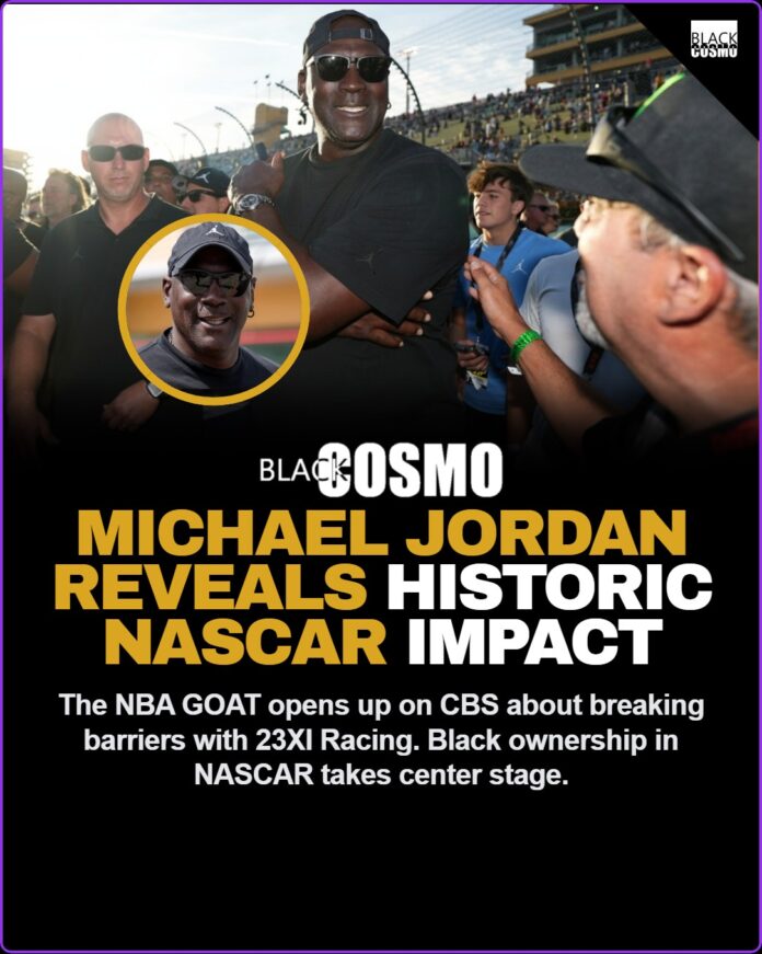 Michael Jordan NASCAR Legacy: 23XI Racing & Black Ownership Michael Jordan smiling while wearing a 23XI Racing headset at a NASCAR track