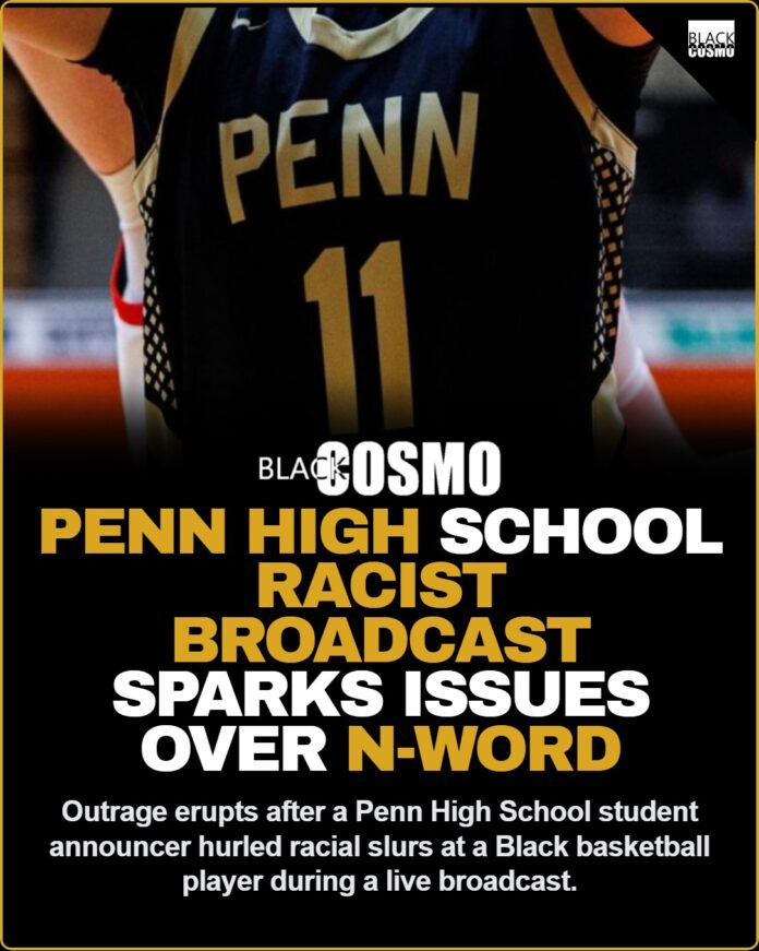 Penn High School Racist Broadcast: Announcer Uses N-Word on Live Stream A high school basketball hoop in a gymnasium, representing the sports environment where the racist broadcast incident occurred in South Bend.