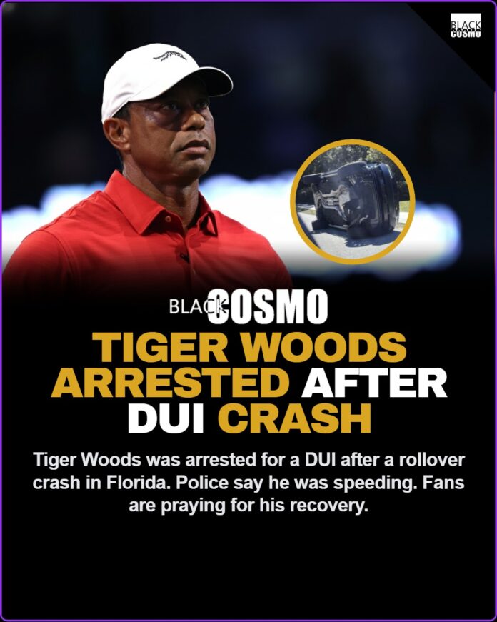 Tiger Woods Arrested for DUI After Rollover Crash in Florida A solemn photo of golf legend Tiger Woods standing on a golf course in his signature Sunday red shirt, reflecting on his career and ongoing personal challenges.