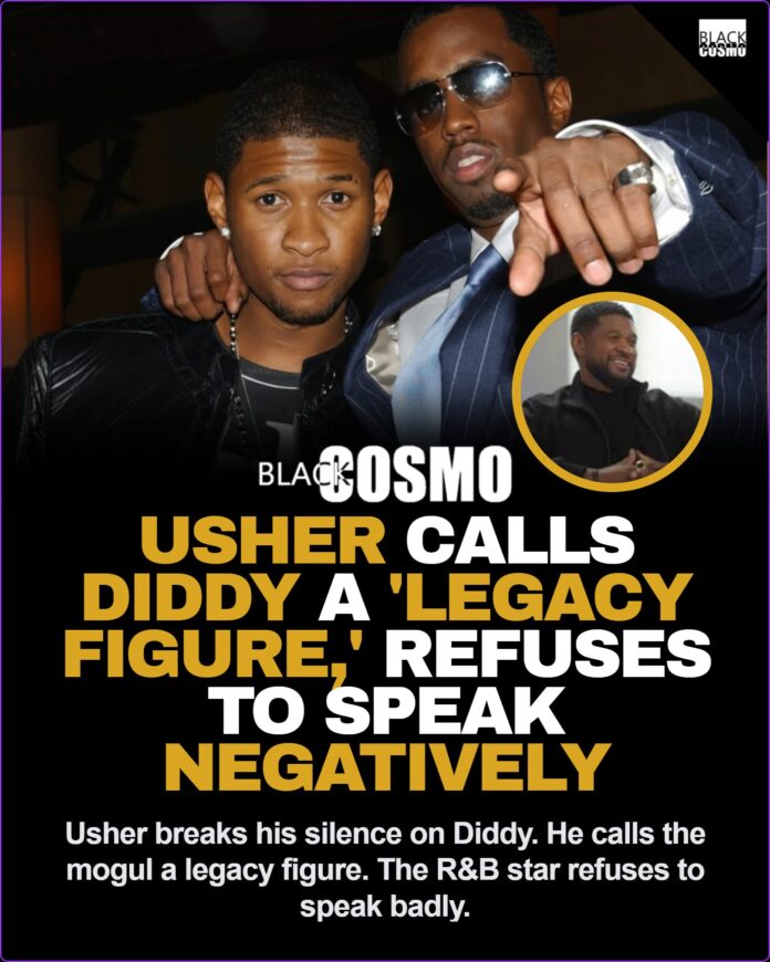 Usher Calls Diddy a Legacy Figure: Refuses to Speak Negatively Usher looking serious during an interview, discussing his thoughts on Diddy's legacy and contributions to the music industry.
