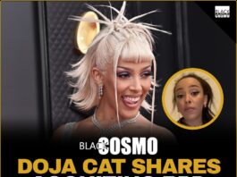 A close-up portrait of Grammy-winning artist Doja Cat looking thoughtful, highlighting her brave journey with mental health.