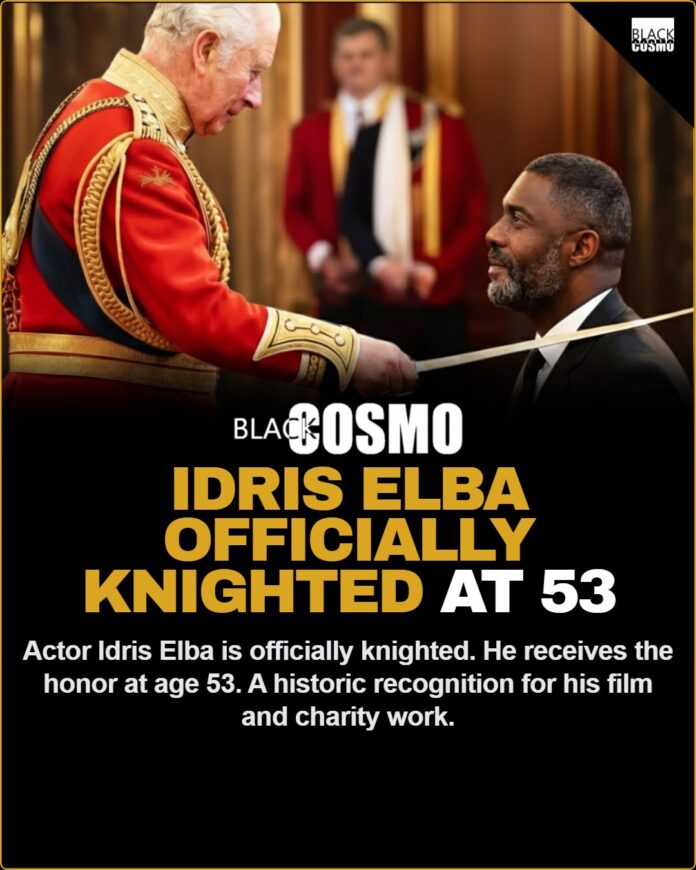 Sir Idris Elba: Legendary Actor Knighted at 53 for Film & Charity A high-quality image of Sir Idris Elba, the acclaimed actor known for Luther and The Wire, who was officially knighted at the age of 53.