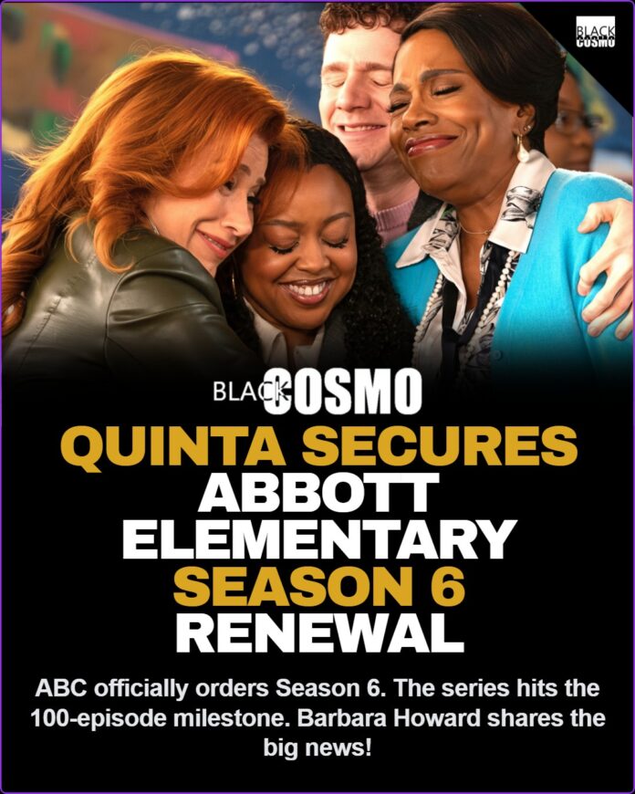 Abbott Elementary Renewed for Season 6! Quinta Brunson smiling as Janine Teagues in a classroom setting on Abbott Elementary