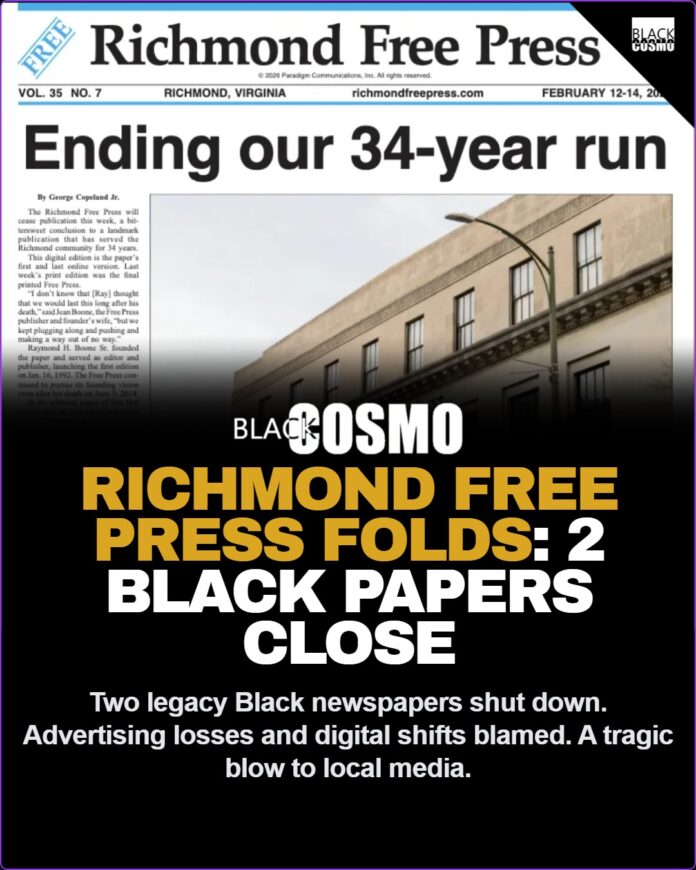 Two Legacy Black Newspapers Close Citing Financial Pressures A printing press and final editions of legacy Black newspapers that recently shut down due to financial pressures.