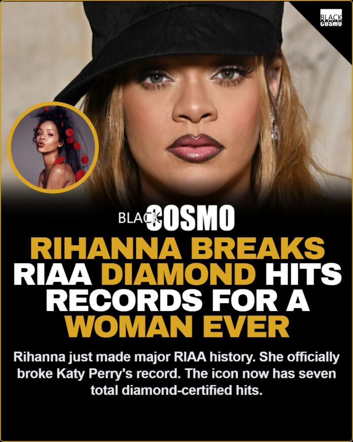 Rihanna smiling confidently, celebrating her historic achievement of having the most diamond-certified hits in RIAA history.