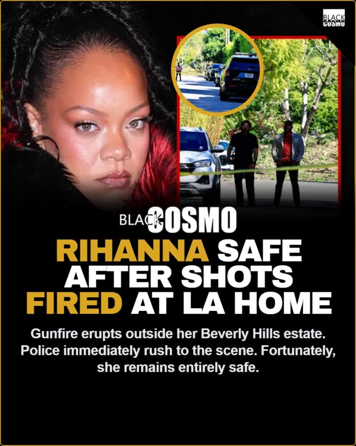 Rihanna Safe After Shots Fired at Beverly Hills Home | Breaking News Police lights illuminating a dark street outside a luxury Beverly Hills estate