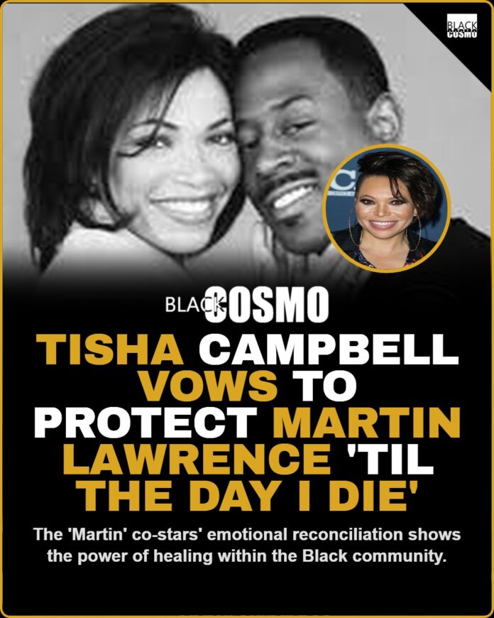 Tisha Campbell Vows To Protect Martin Lawrence For Life Tisha Campbell and Martin Lawrence, co-stars of the '90s sitcom 'Martin', smiling together.