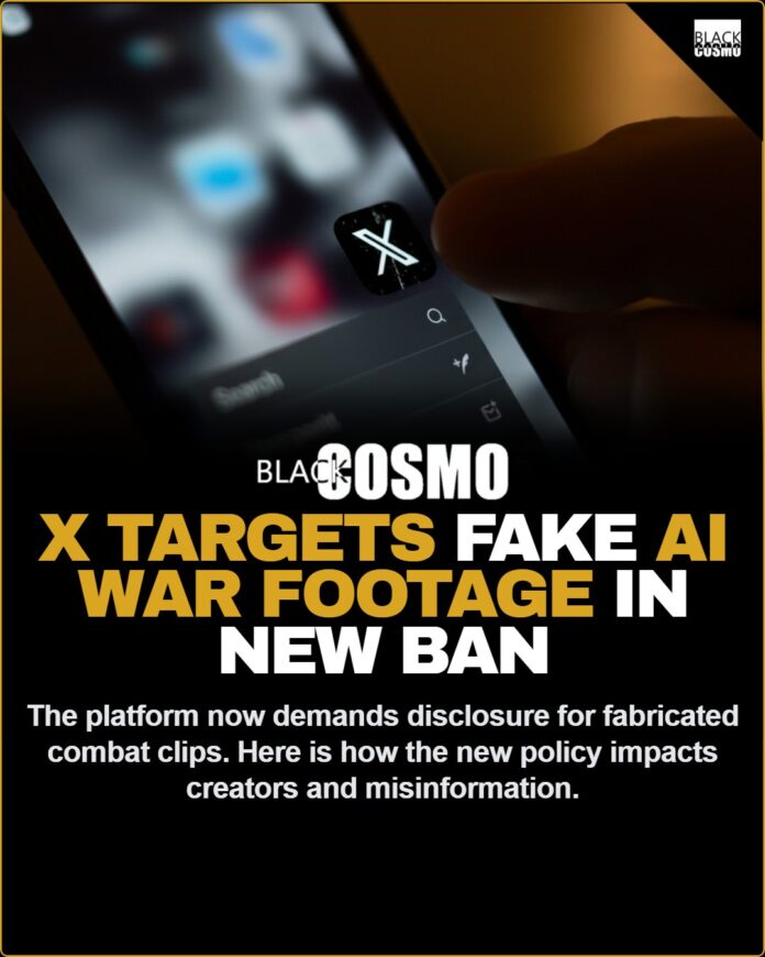 X Enforces New Restrictions on AI-Generated Conflict Videos Digital illustration of a smartphone screen displaying a warning label over a video of soldiers, representing new restrictions on AI-generated videos.