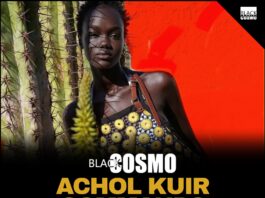 Achol Kuir modeling in the Canary Islands for Harper's Bazaar April 2026, posing against volcanic cliffs in graphic fashion.