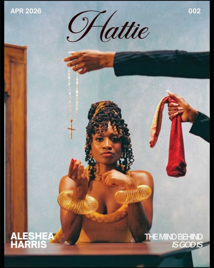 Aleshea Harris on the cover of Hattie Magazine, wearing an ochre garment and gold bangles, flanked by hands offering a crucifix and ancestral cloths.