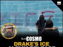 A vandalized ice sculpture resembling Drake in Toronto, with 'F--k Ice' spray-painted on it.