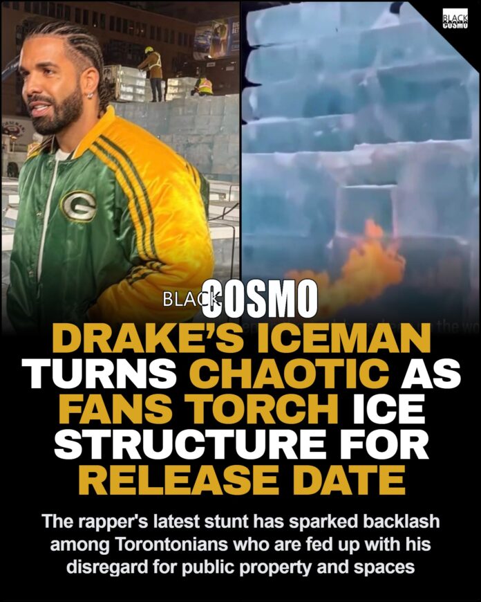 Drake’s ICEMAN Stunt Turns Chaotic: Toronto Fans Torch Ice Structure for Release Date A large, partially melted and charred ice structure in a public Toronto space surrounded by chaotic fans and emergency responders following Drake's ICEMAN release stunt.