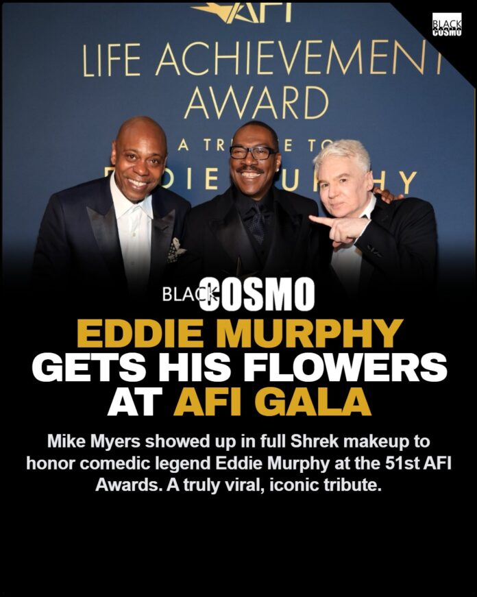 Eddie Murphy Honored at 51st AFI Awards by Mike Myers as Shrek A screenshot of an Instagram post by extratv detailing Mike Myers showing up dressed as Shrek to honor Eddie Murphy at the 51st AFI Lifetime Achievement Award.