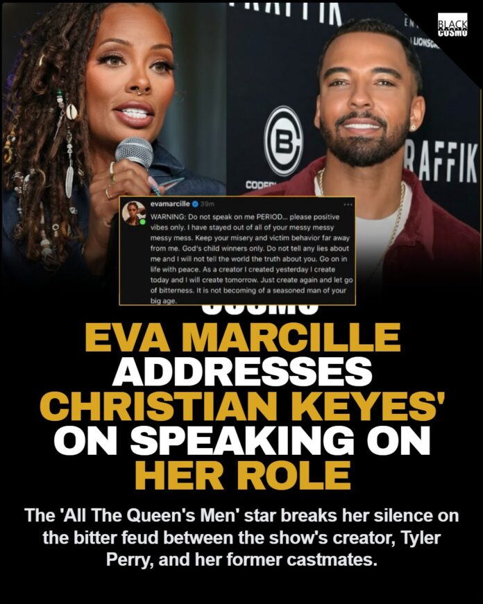 Eva Marcille Responds to Christian Keyes All The Queen’s Men Live Drama Eva Marcille posing on the red carpet, exuding her signature Madam DeVille confidence.