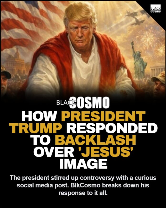 How President Trump Responded to Backlash Over His ‘Jesus’ Image A portrait-style image of former U.S. President Donald Trump, with a serious, contemplative expression on his face.